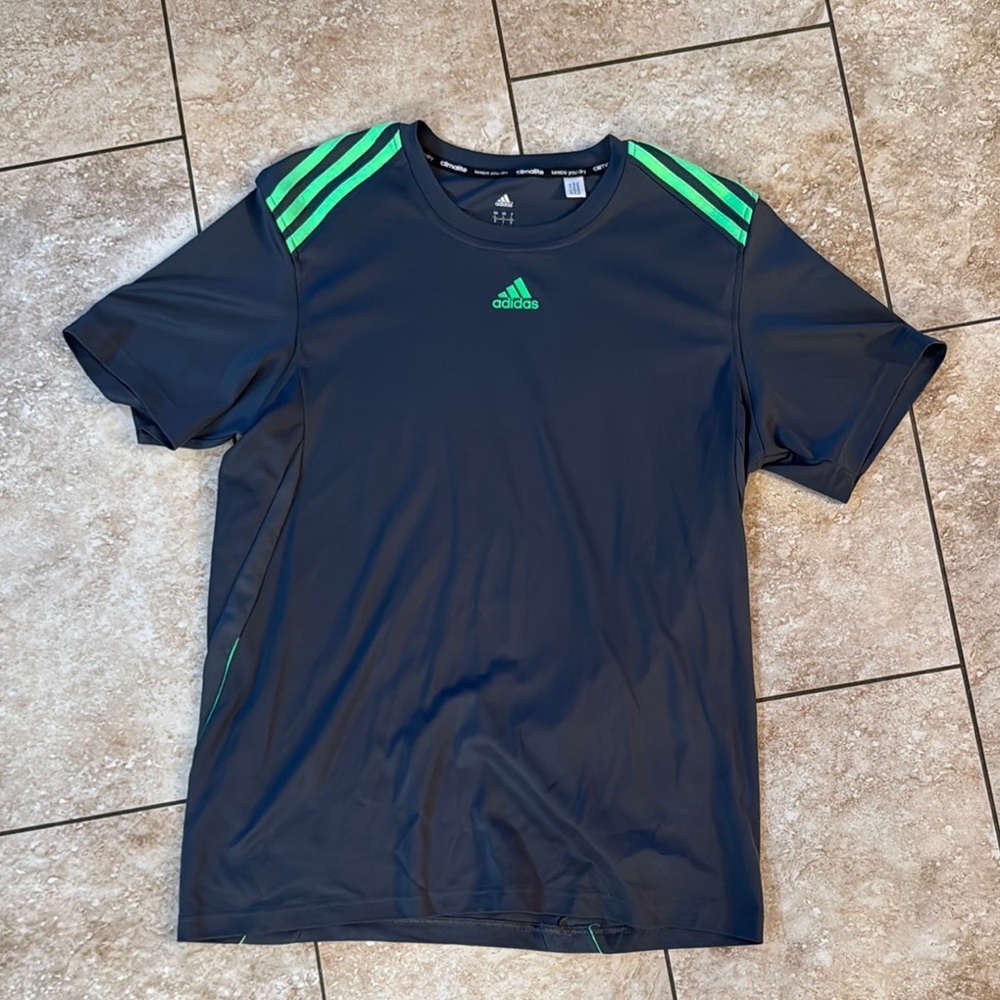 Adidas Men's L charcoal Tee with neon green Accents climalite